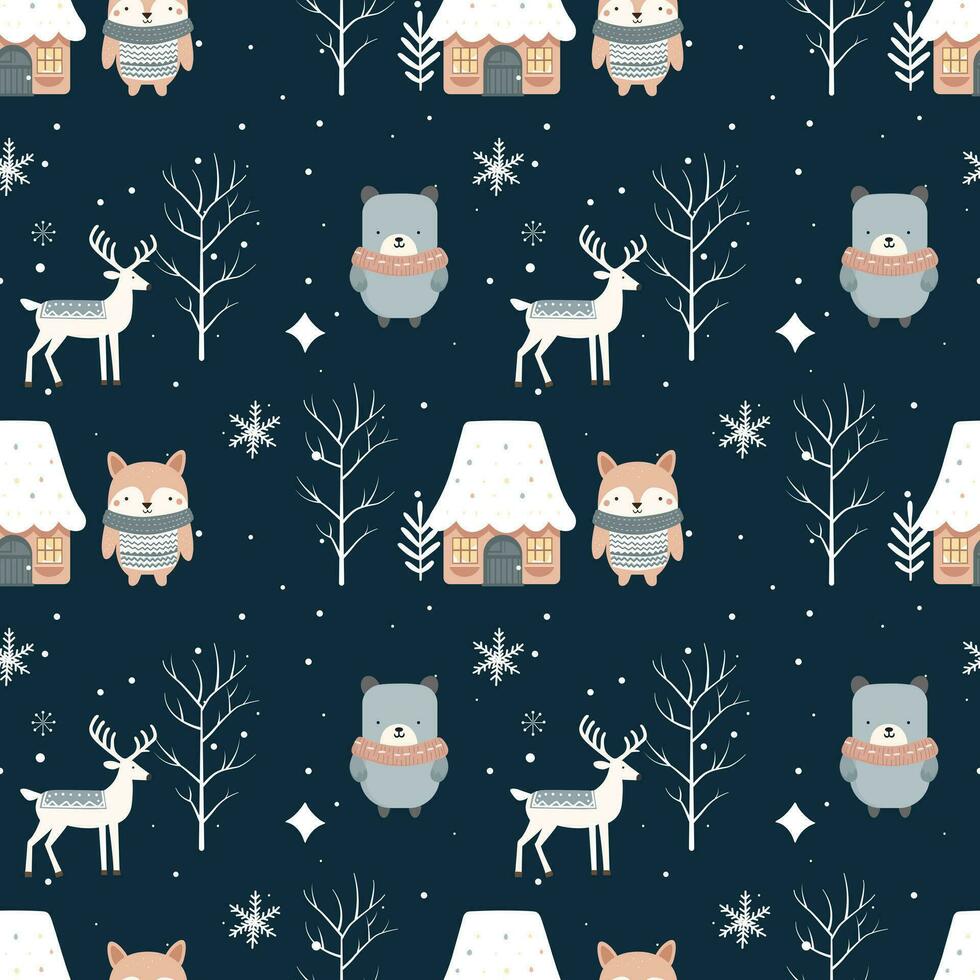 Winter seamless pattern with cute forest animals. Scandinavian Christmas pattern. Winter background vector