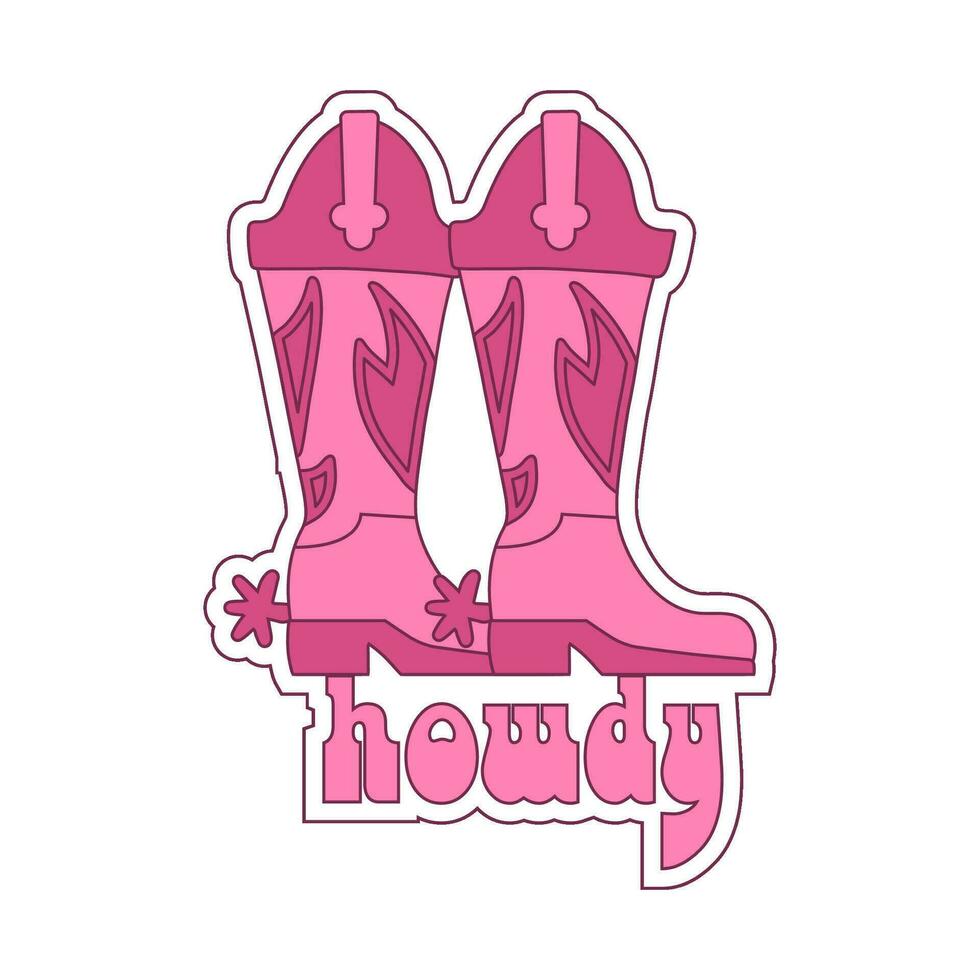 Retro Cowgirl boots pair. howdy quotes. Cowboy western and wild west theme. Hand drawn vector sticker.