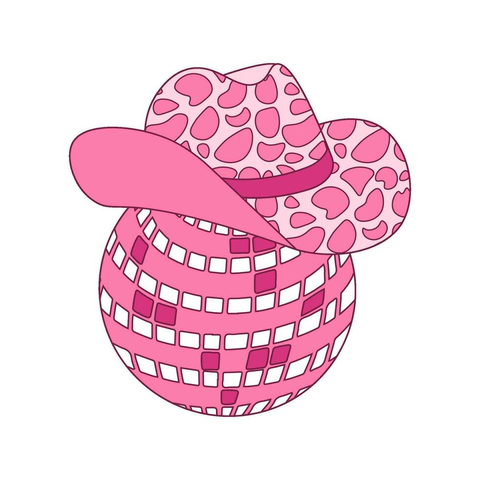 Retro Pink Cowgirl hat with disco ball. Groovy Disco Cowboy western and wild west theme. Vector isolated design for postcard, t-shirt, sticker etc.