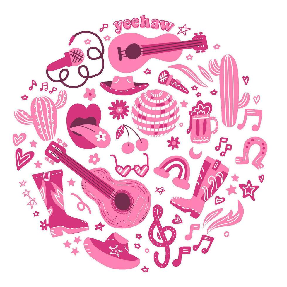 Set of retro Female Cowboy fashion elements in round shape. Cowgirl boots, disco ball, hat, horseshoe, cactus and guitar. Pink cowboy western and wild west theme. Hand drawn flat vector. vector