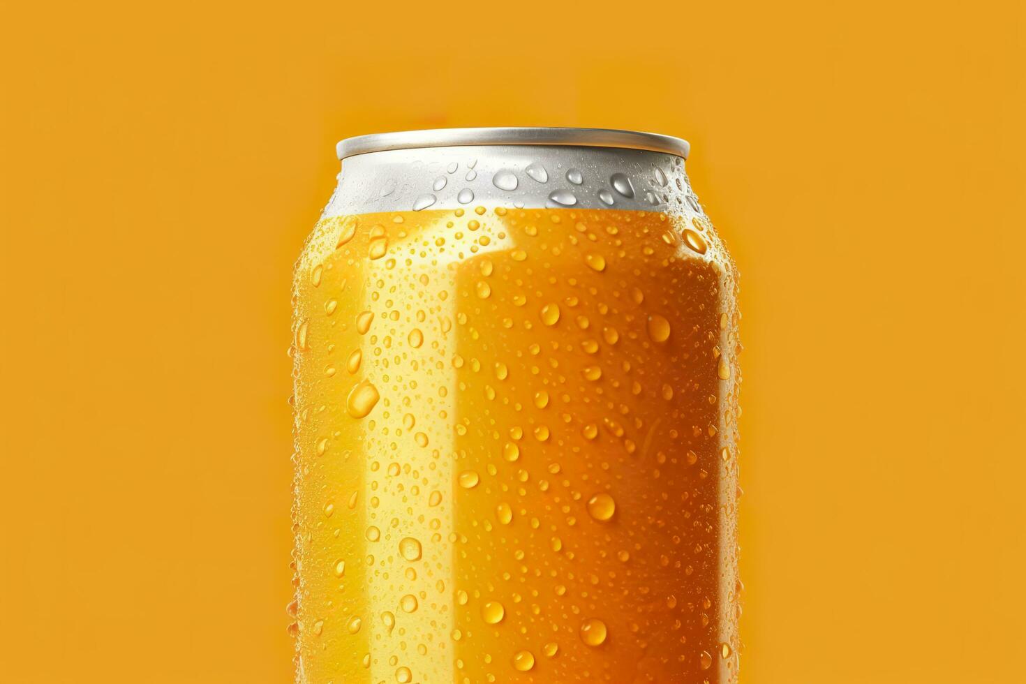 Can of fresh soda with water drops on orange background, closeup. Generative AI photo