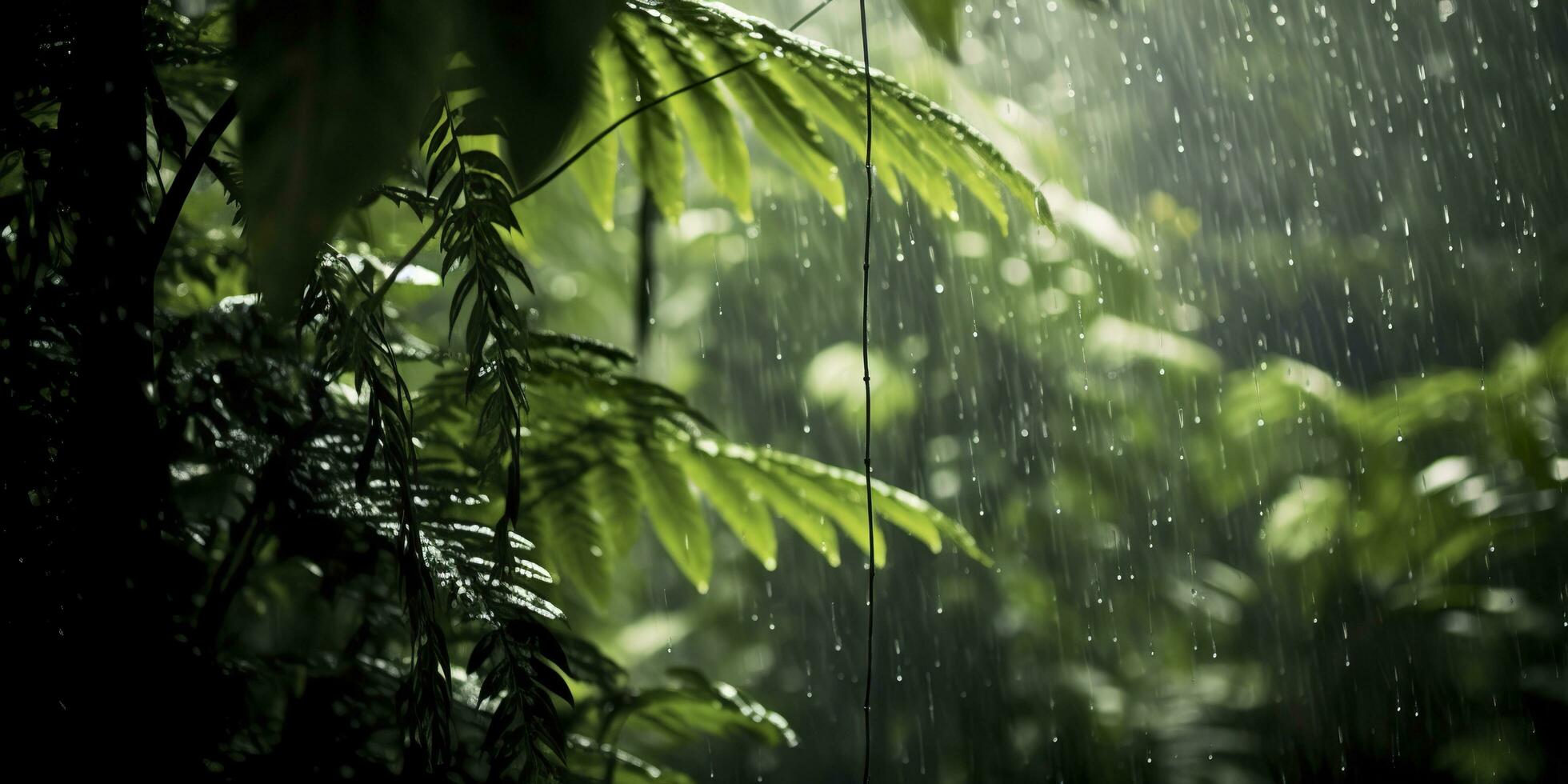 Rain falls in a rainforest with the rain drops. Generative AI photo