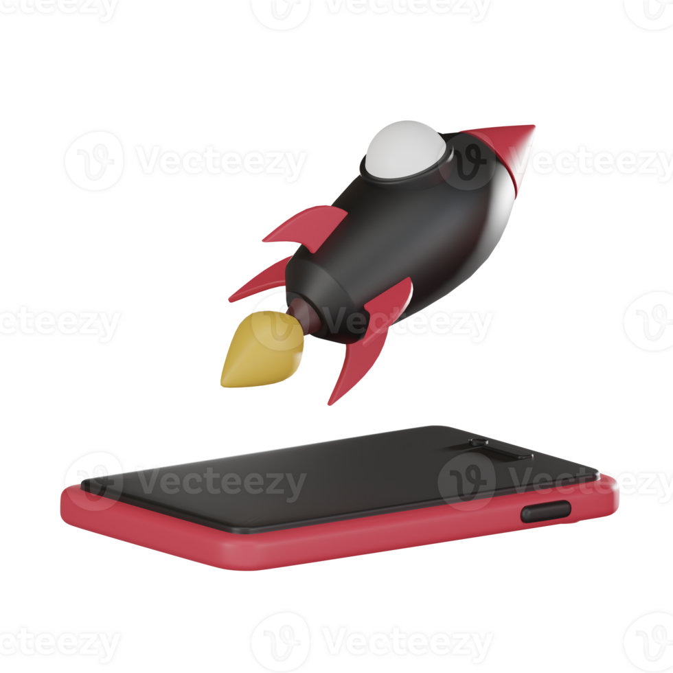 Rocket spaceship launching from mobile phone for business Startups 3D Render. png