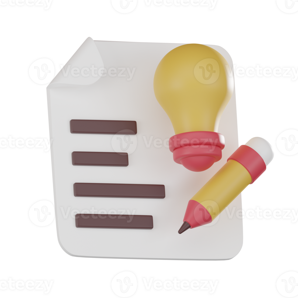 Creative Business Planning with Light Bulb, Paper, and Pencil 3D render. png