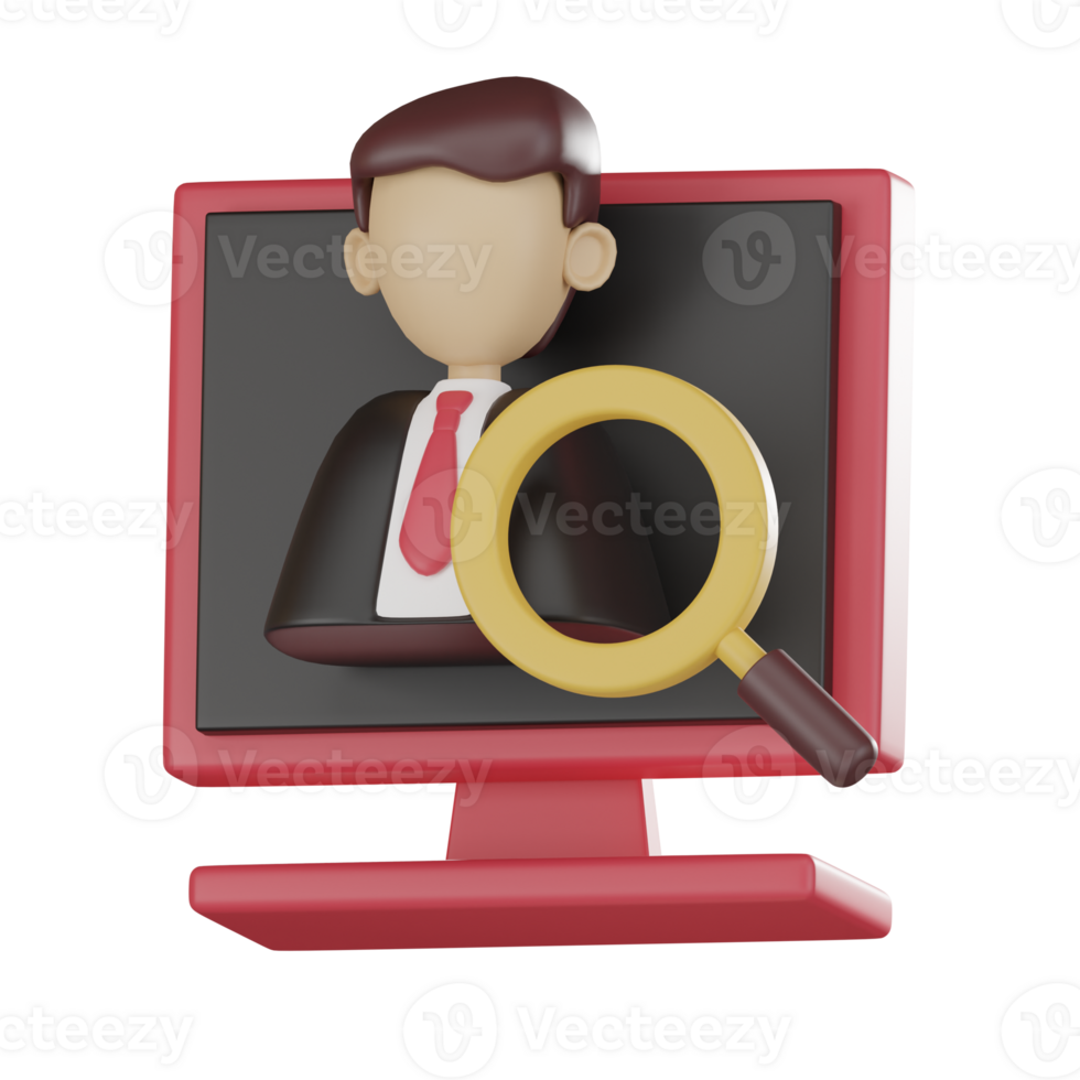 Data Analysis and Strategy Businessman Under Magnifying Glass on Computer Screen 3D Render. png