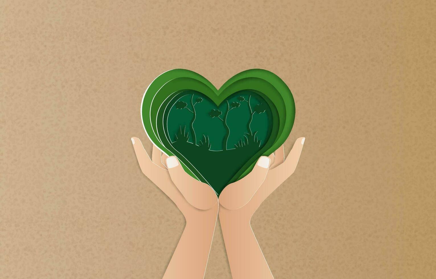 Paper art style of hand holding heart with trees and plants inside, eco friendly concept. vector