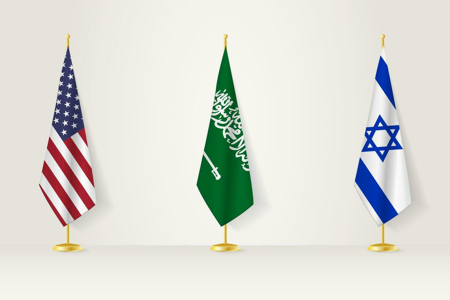 Political gathering of governments. Flags of United States, Saudi Arabia and Israel. vector