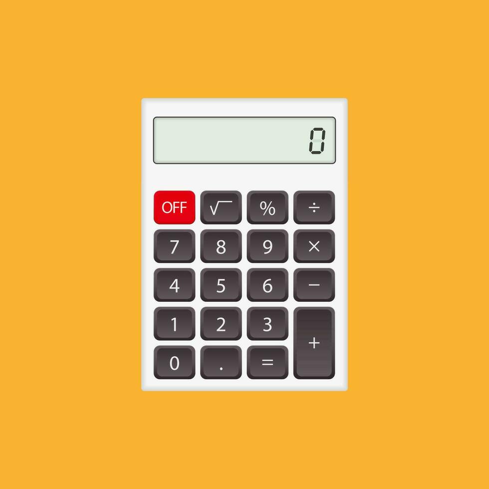 Calculator, white calculator with gray and red buttons isolated on yellow background. vector