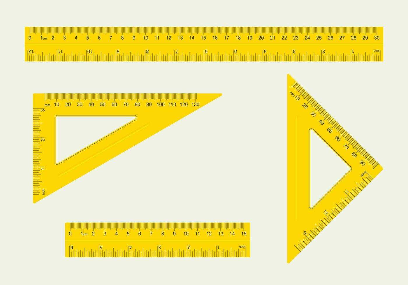 conjunto de diferente tipo de gobernante, amarillo regla con medida en centímetros, pulgadas y milímetros. vector