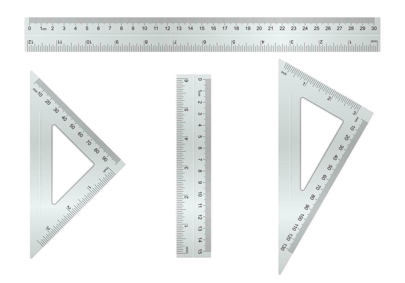 Metal ruler collection. Short, long and triangle ruler with different type of measure. vector