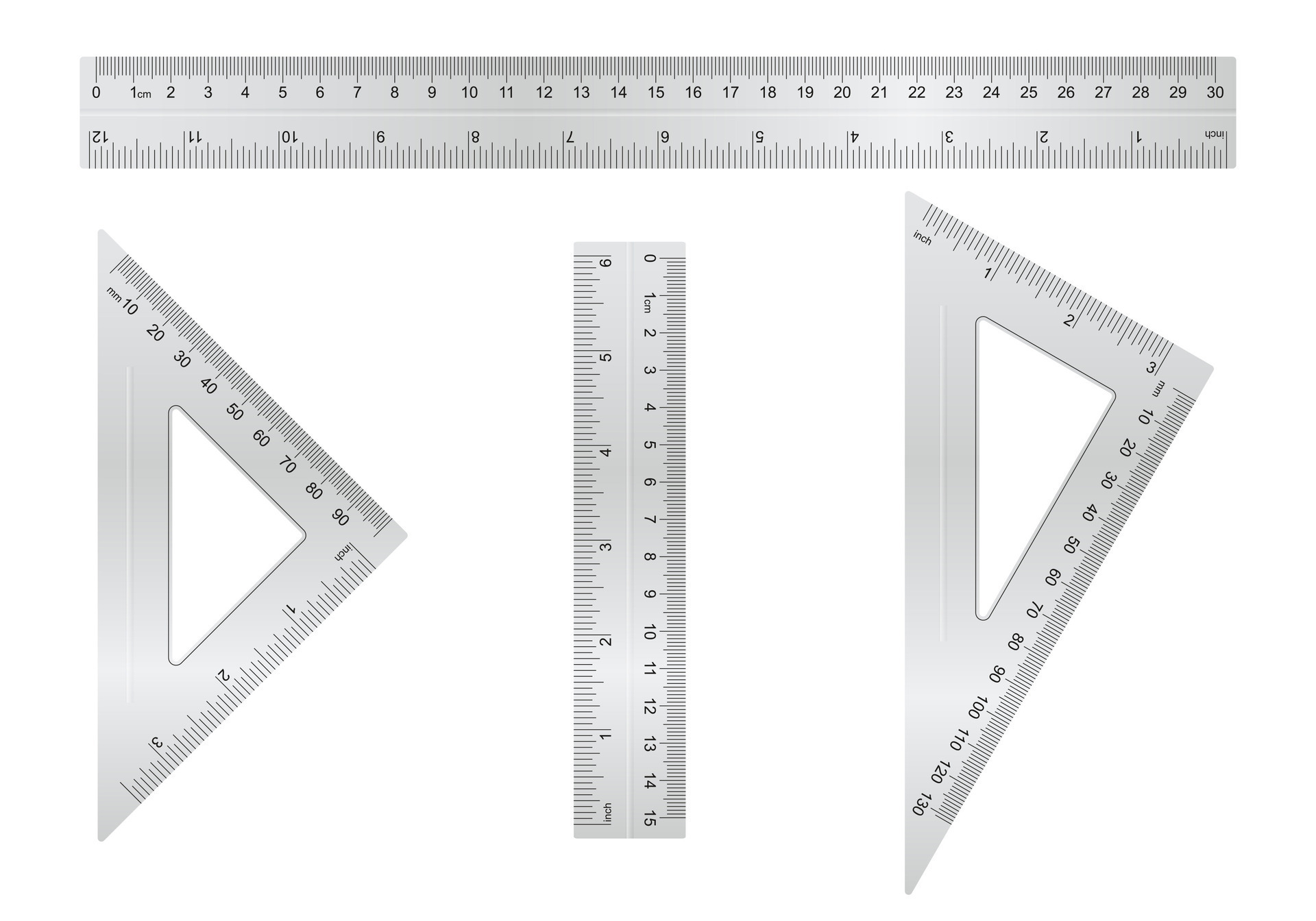 Metal ruler collection. Short, long and triangle ruler with different