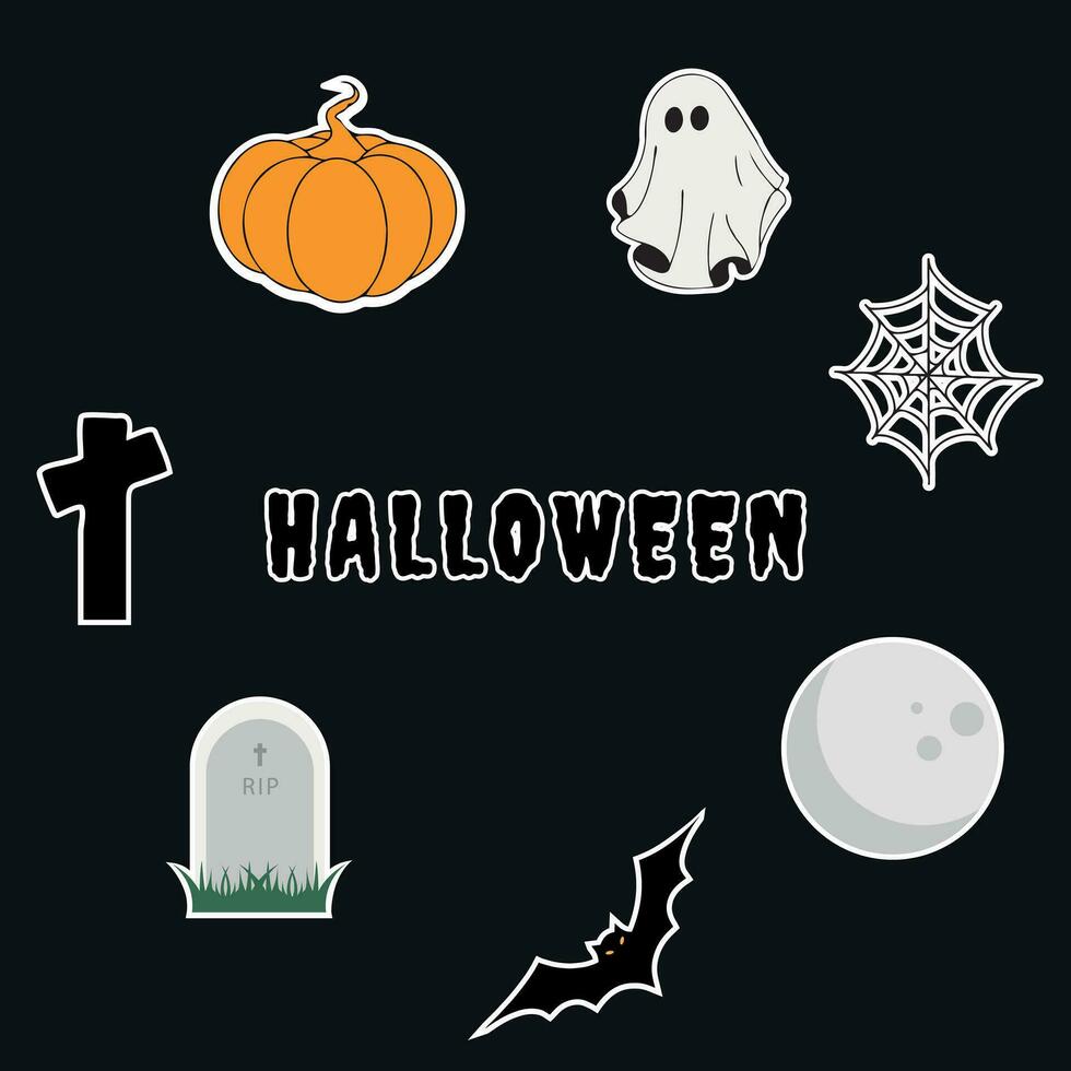 halloween stickers set with pumpkin and bats. vector illustration
