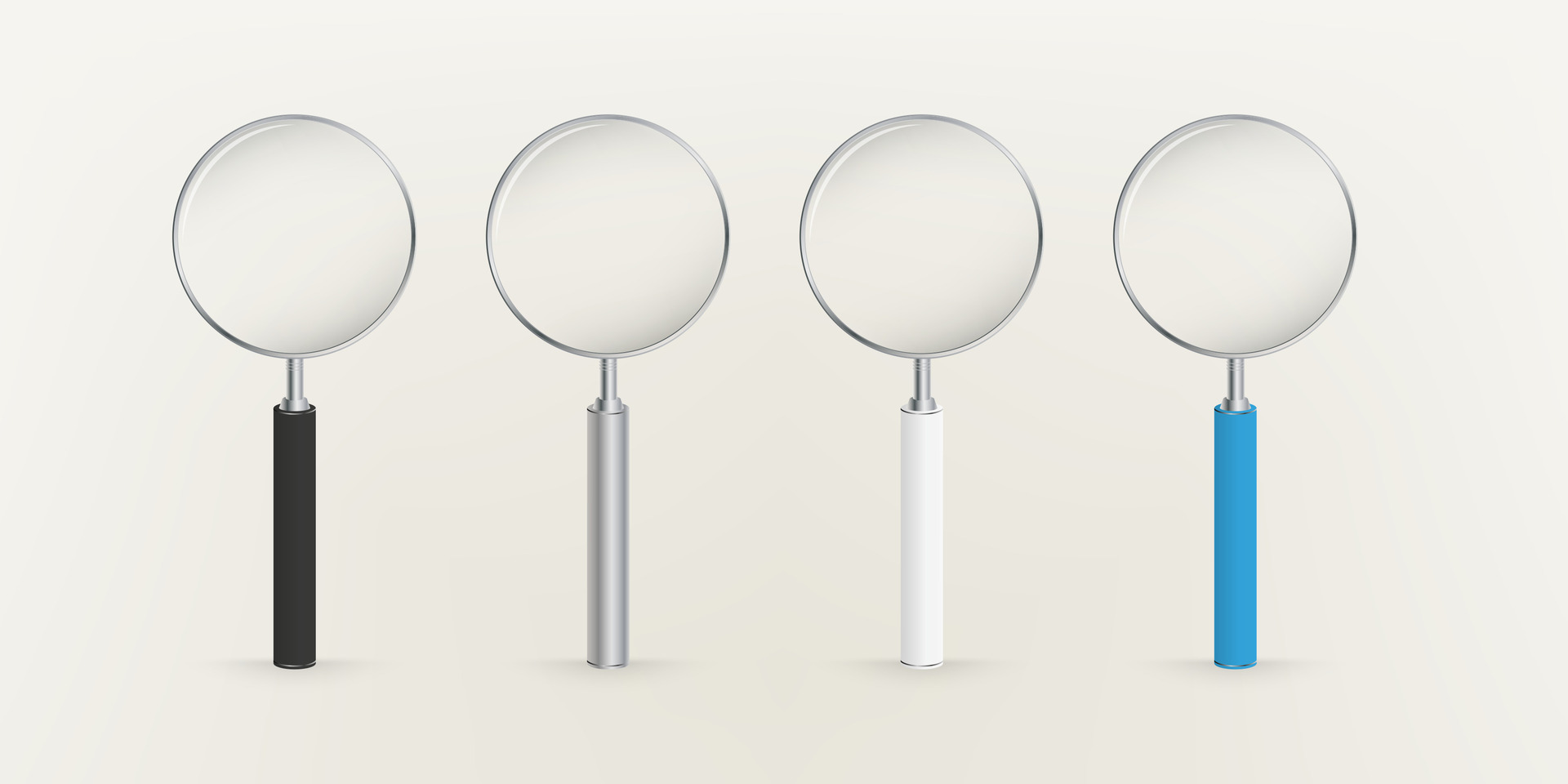 Set of four magnifying glasses, loupes with various color of grips