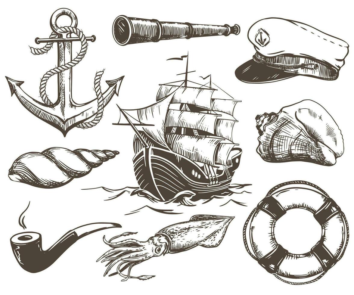 elementos de el vida de un mar pescador. ancla con un soga, del capitán gorra, de fumar tubo, vida boya, calamar, catalejo, navegación barco, mar almejas. vector ilustración en Clásico estilo, grabado efecto.