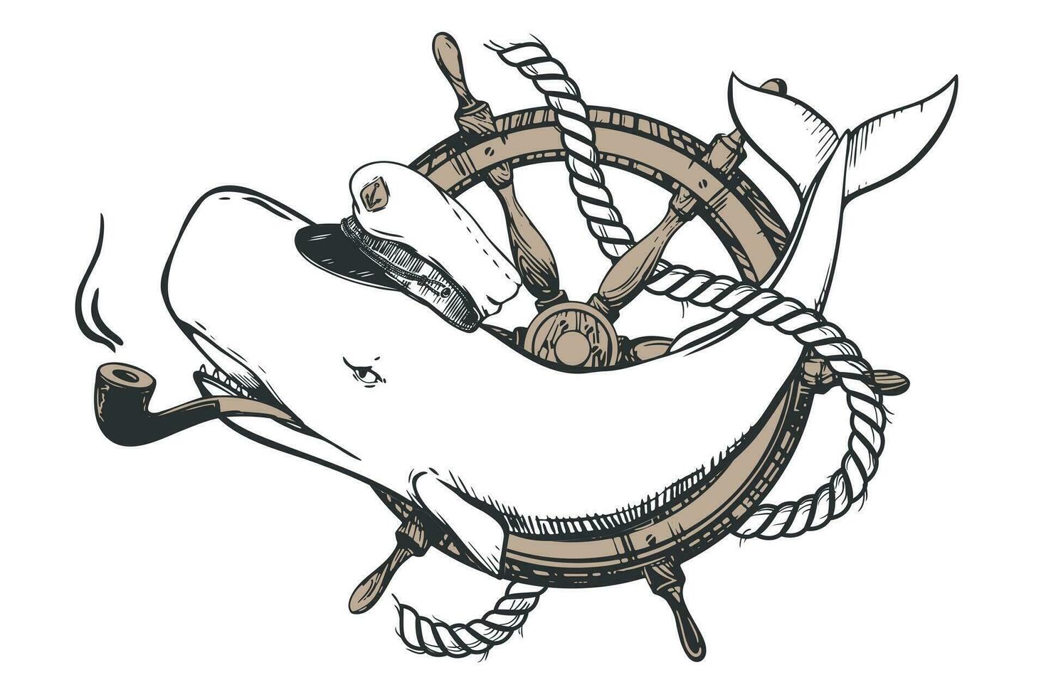 White sperm whale in a capitan cap and with a smoking pipe in his mouth. Creative illustration of a whale on the background of the steering wheel. Old school tattoo sketch. vector