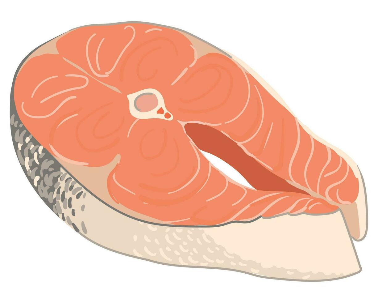 Salmon steak. Vector. Illustration in cartoon style isolated on white background. Cut off a piece of red fish. Seafood containing Omega 3. Trout fillet. vector