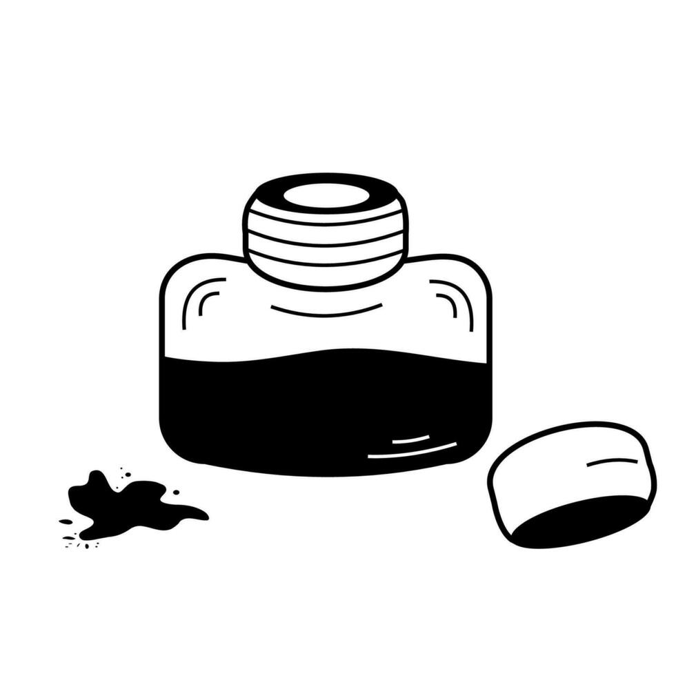 Isolated doodle Inkwell with ink and ink stain black and white. Outline vector Icon.