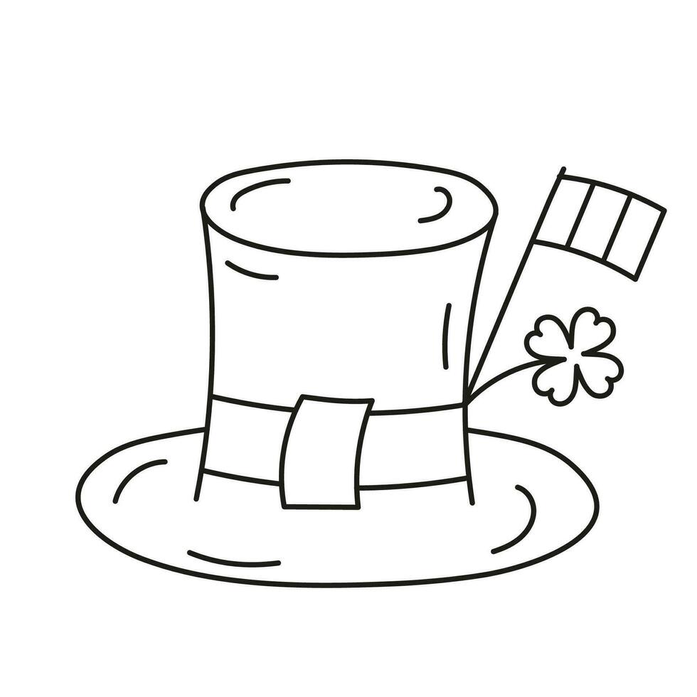 Leprechaun hat with flag and clover vector in Doodle. Isolated icon black line. Hat outline.