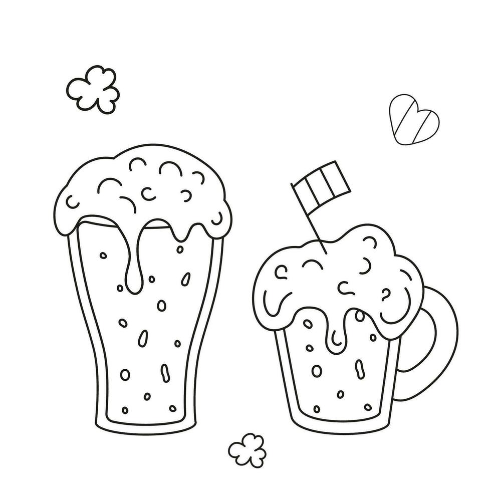 Glass and mug with beer with flag and clover. Vector icon in Doodle style. Isolated foamy beer.