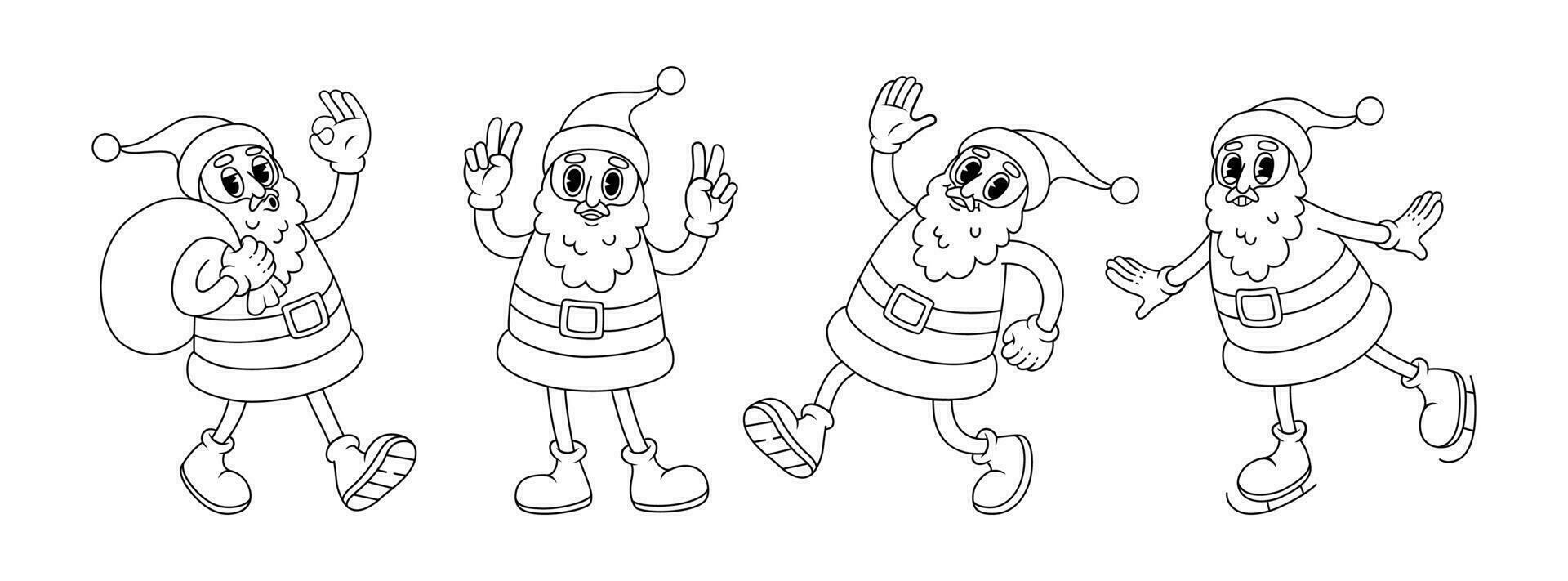 Funny Santa Claus in different poses. Groovy vector illustration in line style.