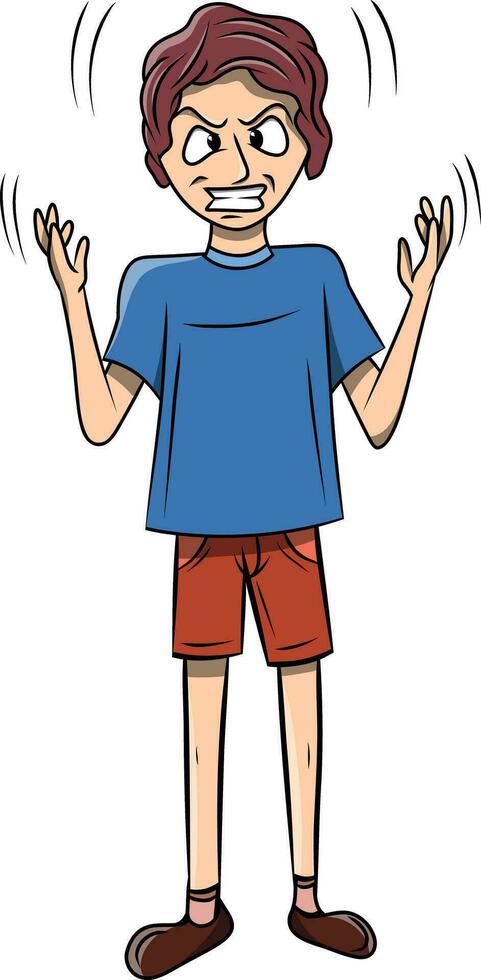 Funny Angry Child Wearing Blue Shirt and Red Shorts Clipart Colored Drawing vector
