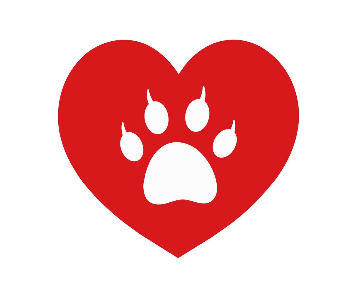 Cat paw footprint in heart. Vector. Love Cats. Animals, Pets, Puppies, Kittens, Dogs . Red heart with cat white paw print inside. Symbol of love. Postcard, emblem, icon, print, cover, sticker, t shirt vector