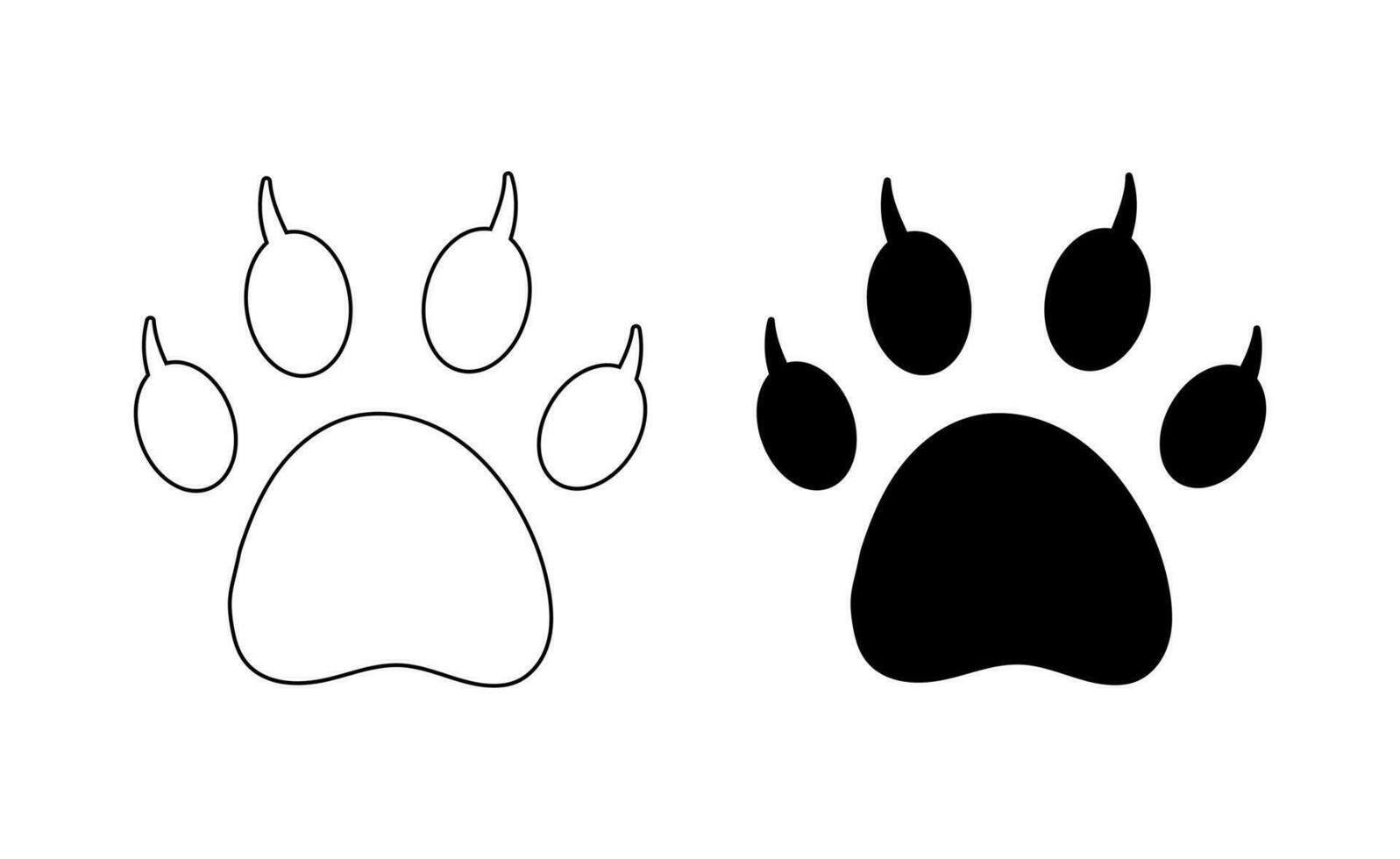 Cat paw footprint with claws on white. Vector. Silhouette, contour. Traces of tiger, lion, leopard, cheetah, jaguar, cougar, puma, serval, caracal, ocelot markings. Icon, clothing, print, pet store. vector