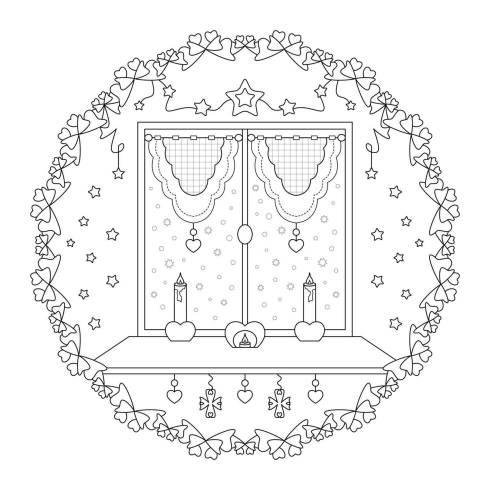 Mandala. Christmas atmosphere with candles, warm and comforting. Window and snow falling. Christmas coloring page. vector