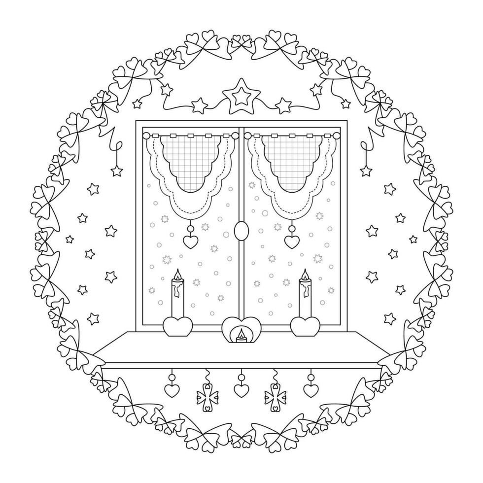 Mandala. Christmas atmosphere with candles, warm and comforting. Window and snow falling. Christmas coloring page. vector