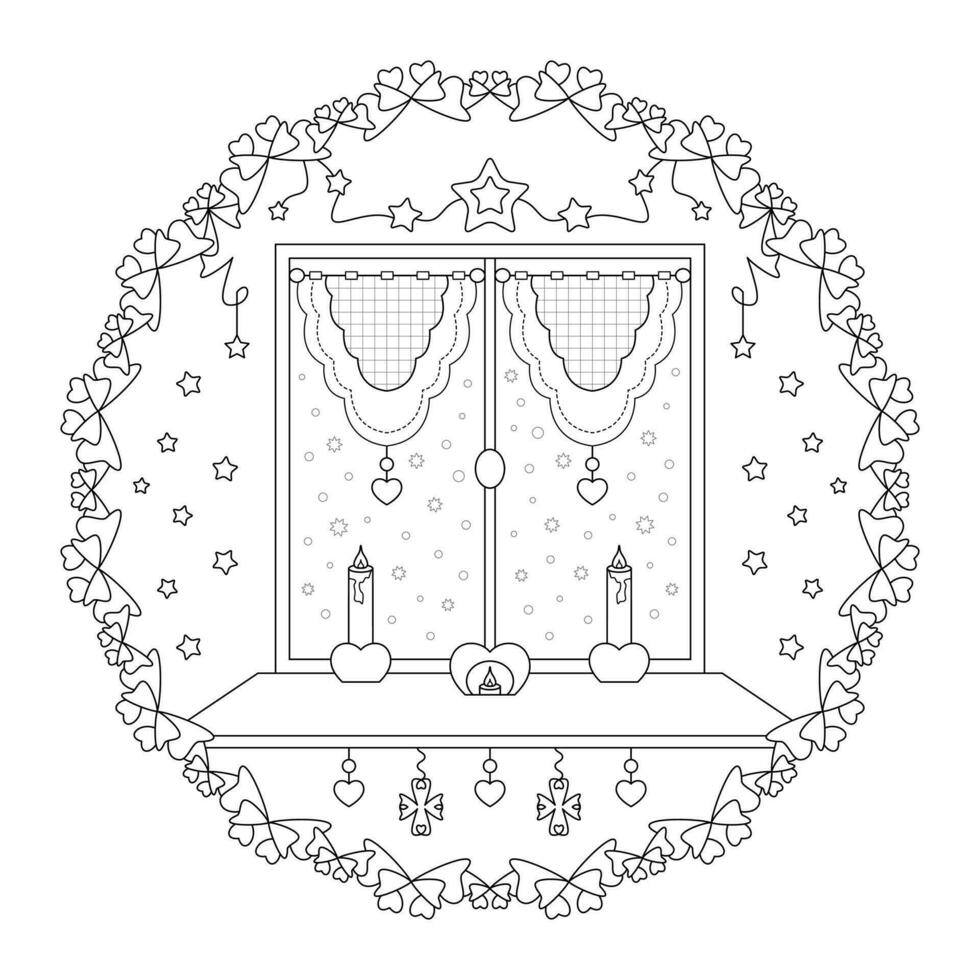 mándala Navidad atmósfera con velas, calentar y consolador. ventana y nieve descendente. Navidad colorante página. vector