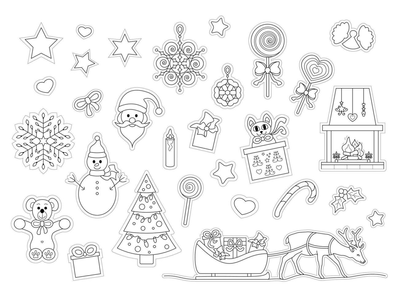 Set of characters and decor. Christmas theme. To color and cut out. vector