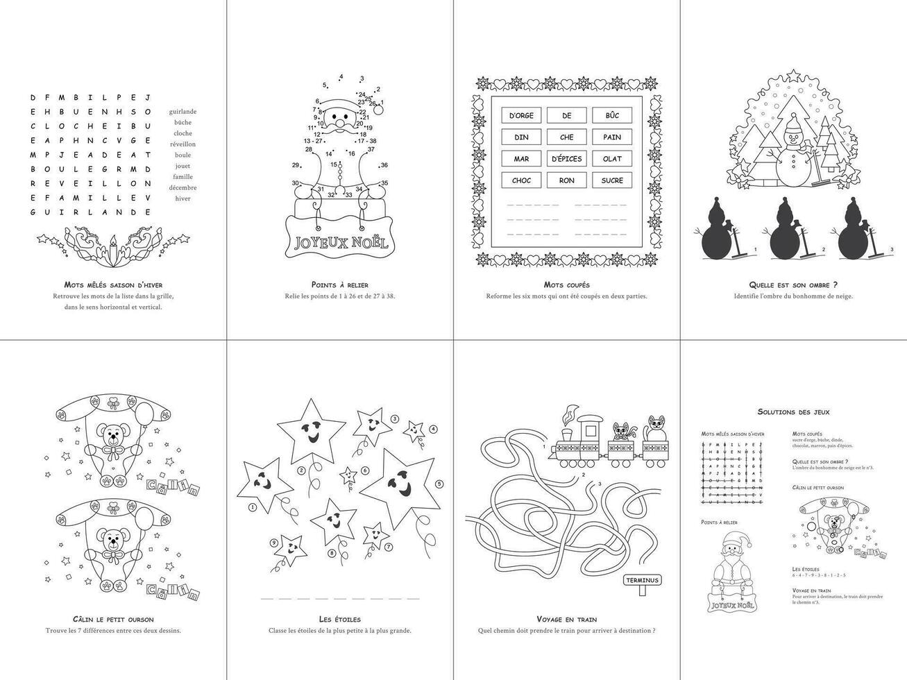 Set of seven games. Christmas Theme. Game and coloring page for kids. French language. Set No. 3. vector