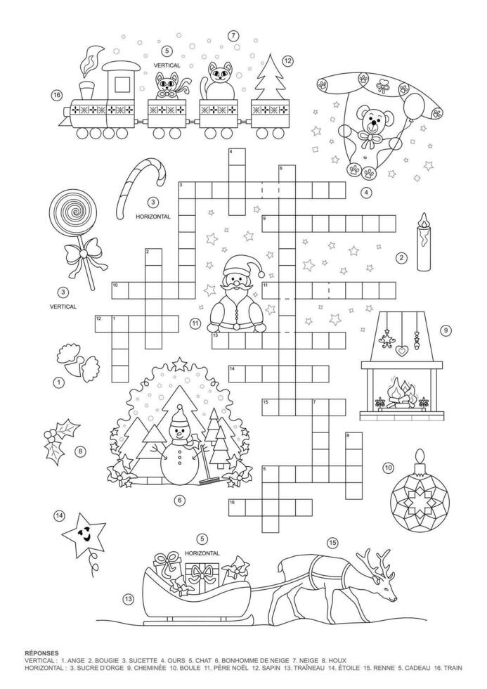 Crossword puzzle. Christmas theme. Game and Coloring page. French language. vector