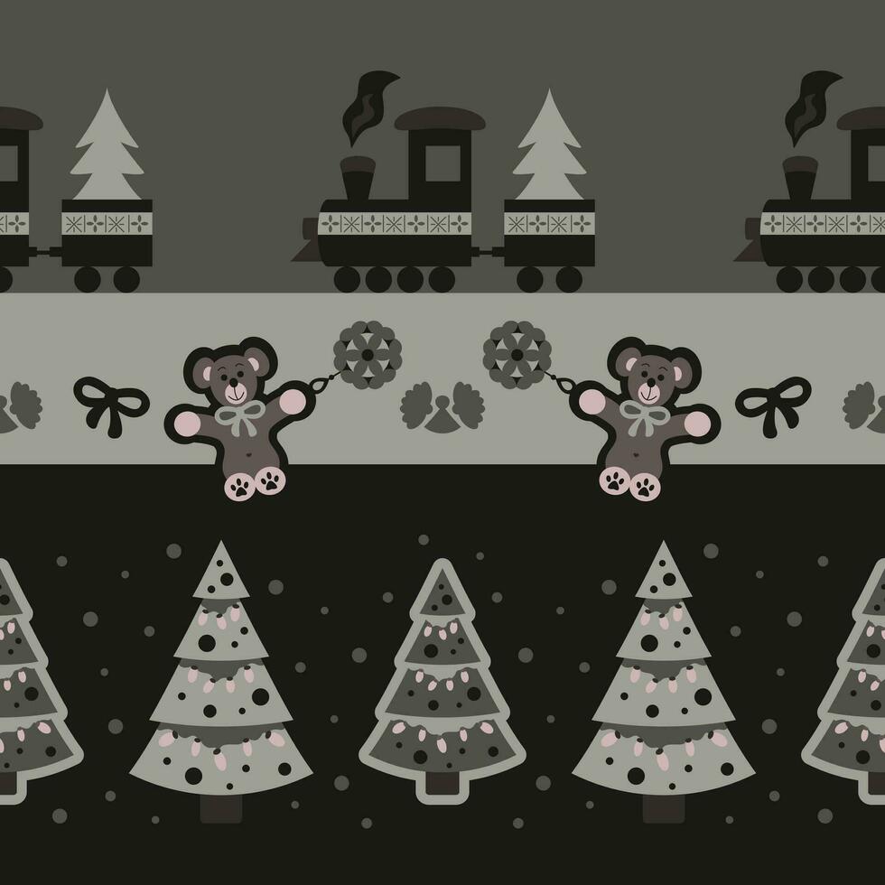 Seamless Pattern. Little Christmas train carrying the Christmas tree. Cute cuddly bear. Christmas tree and angel. Dark gray and Almond Green color. vector