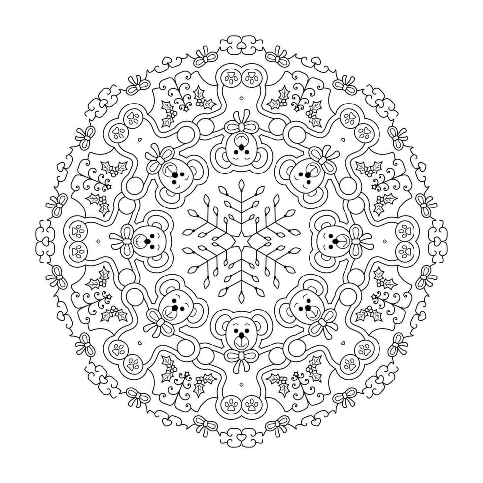 Teddy bears. So cute. Christmas mandala. Coloring page. vector