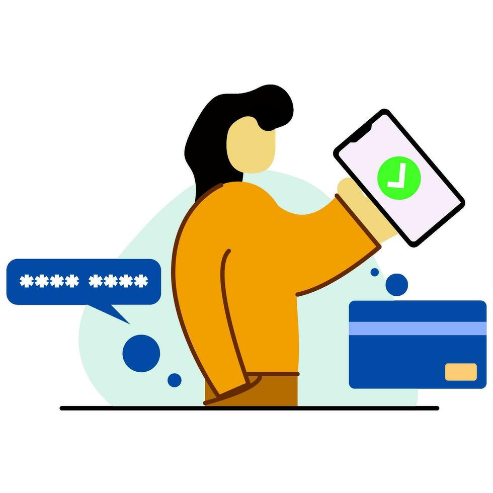 flat design illustration of a character holding a mobile phone with a verification check icon vector