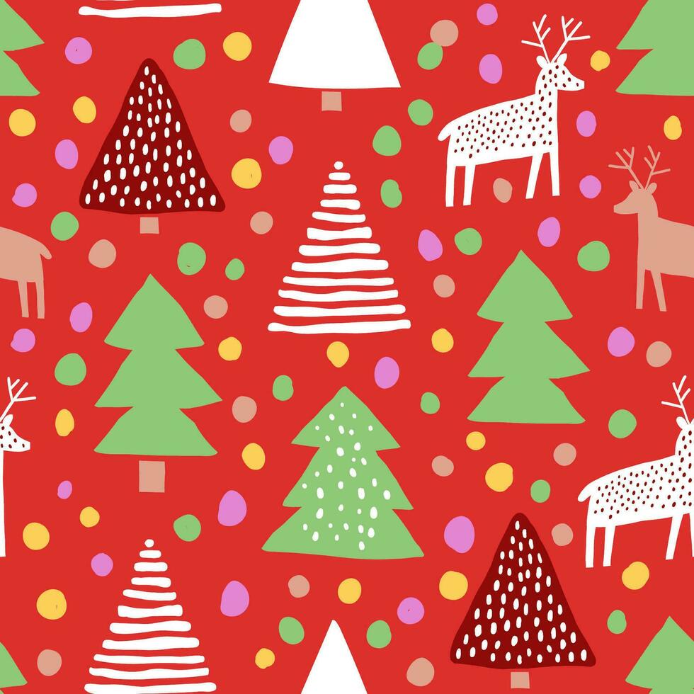 Christmas trees, reindeers pattern on red background. Hand drawn Christmas pattern in cut out style vector