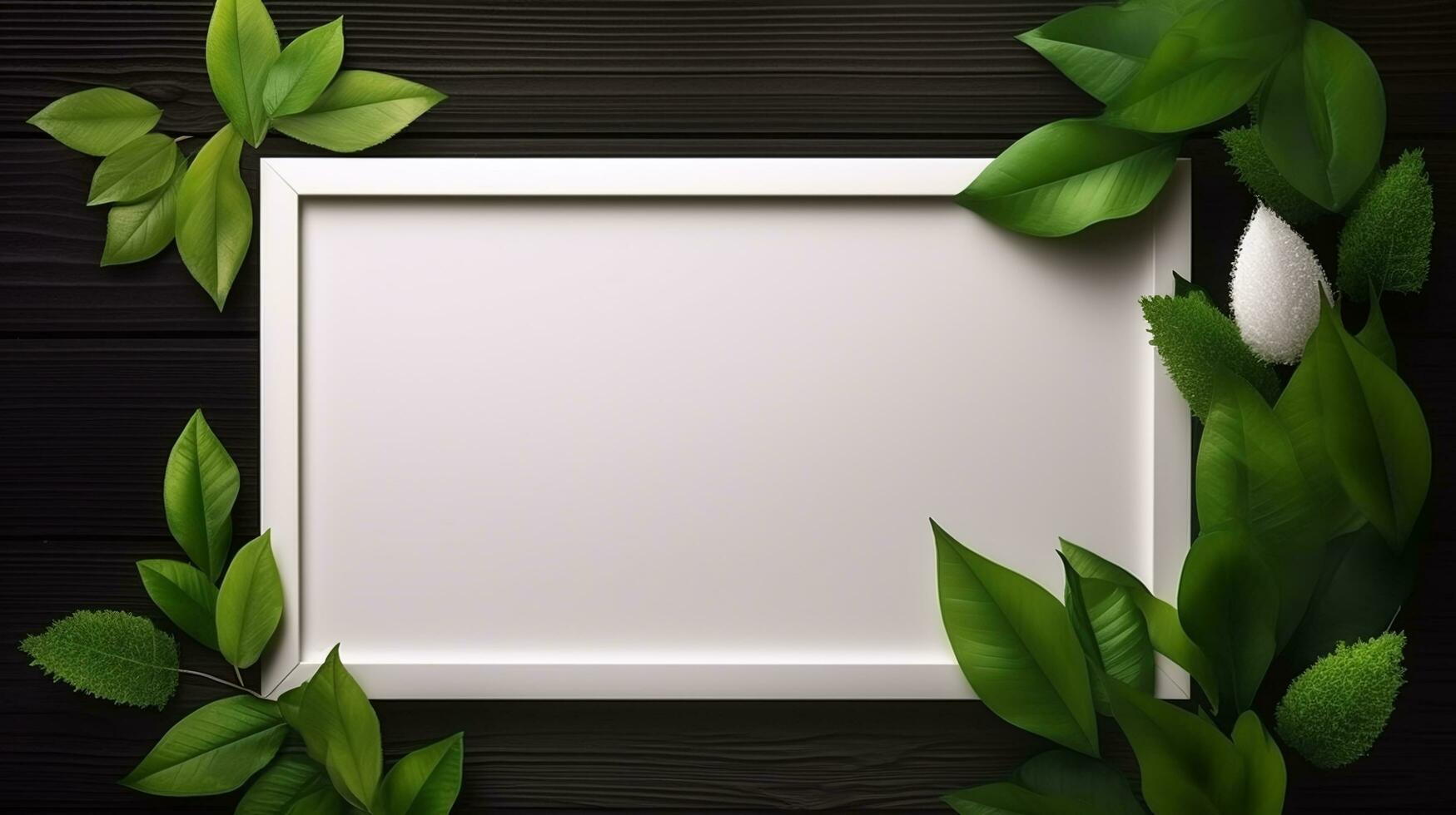 Blank frame with green leaves and white background in a natural way photo