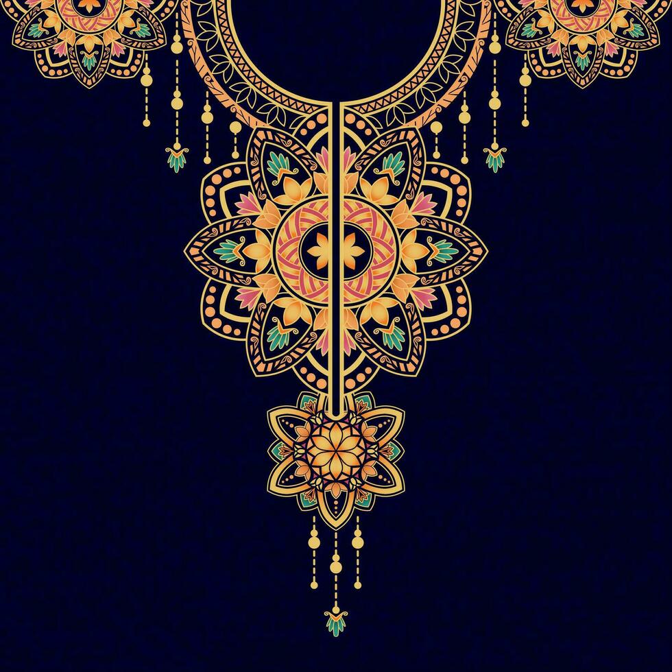 Luxury mandala pattern in gold and blue colors for embroidery and decoration on the neck of the kaftan dress, blouse, and front slit dress.The neck design with the mandala motifs in bright colors. vector