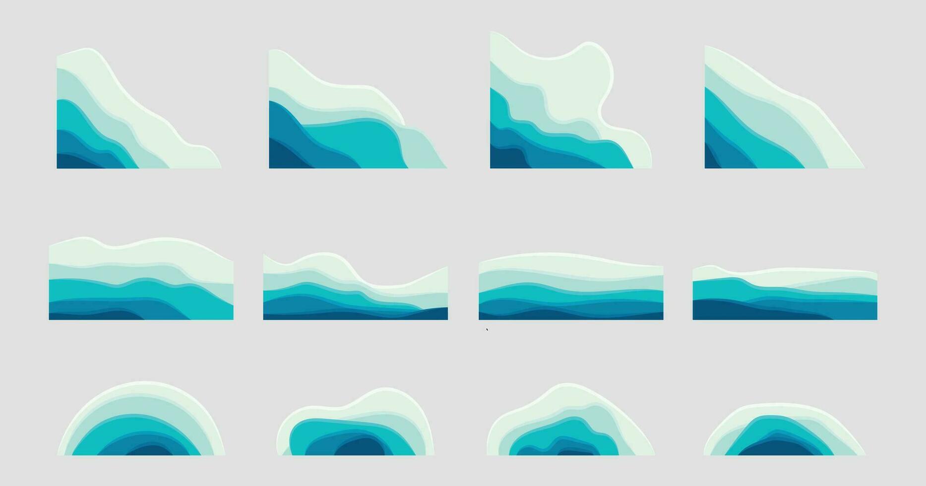 Blue White Abstract Wave Paper Cut Element Set, Corner Border Decoration Shapes. Vector Illustration Design Sea Ocean Paper Cut for Business Presentation, Cover, Flyer, Poster