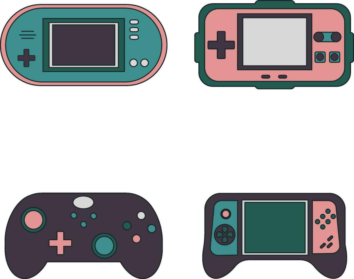 Retro Game Console With Flat Cartoon Design. Vector Illustration Set.