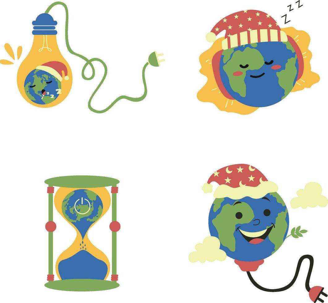 Earth Hour Illustration In White Background. Cartoon Design. Isolated Vector Set.