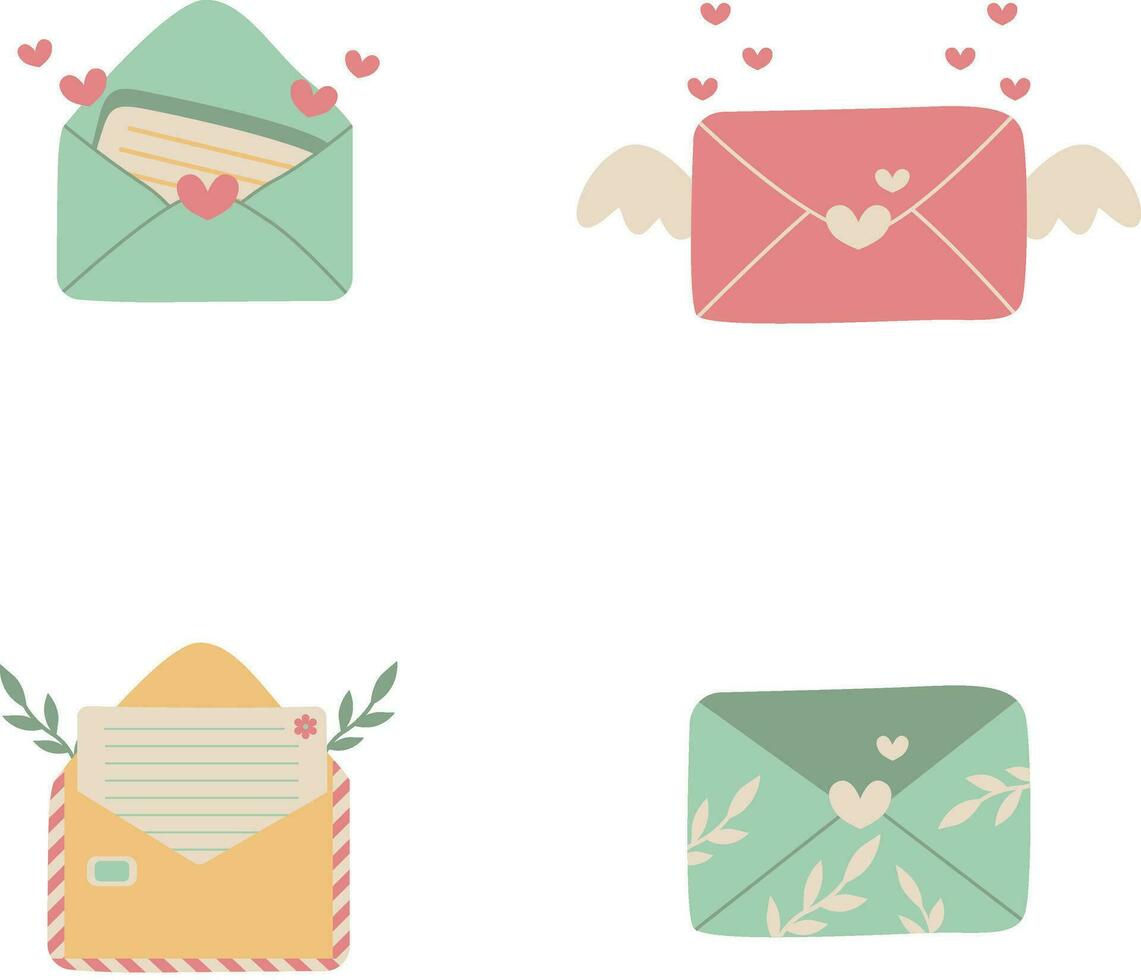 Cute Envelope Illustration With Heart, Flower and Leaf Elements. Vector Illustration Set.