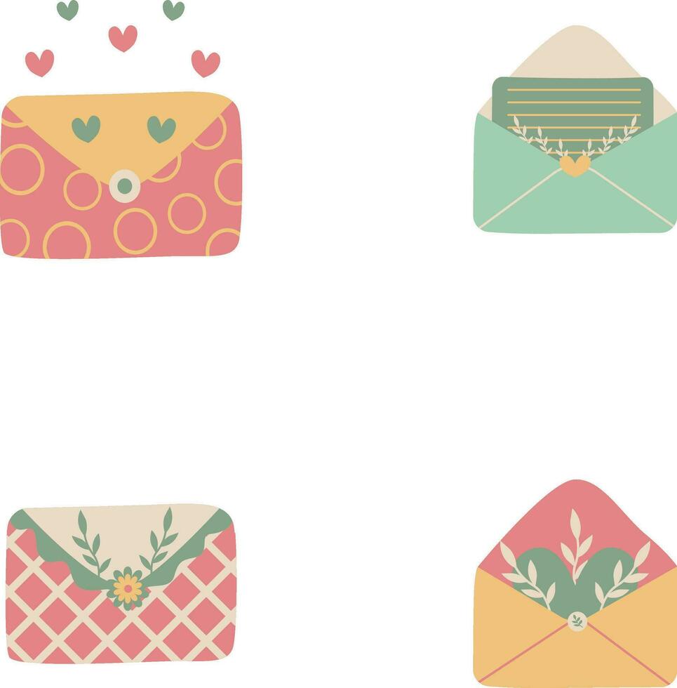 Cute Envelope Illustration With Heart, Flower and Leaf Elements. Vector Illustration Set.