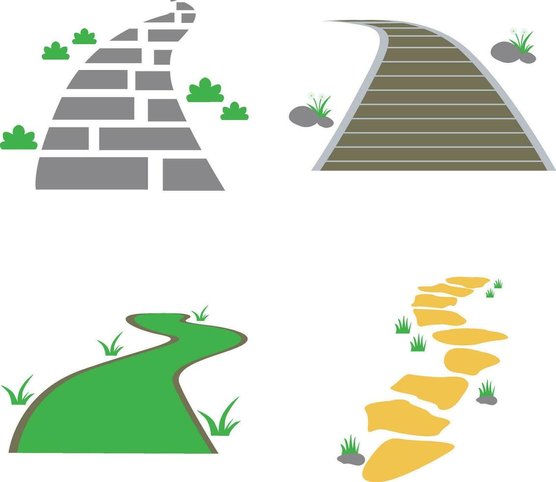 Nature Path Way With Landscape Design. Road and Grass. Vector Illustration Set.