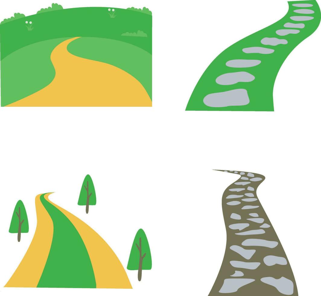 Nature Path Way With Landscape Design. Road and Grass. Vector Illustration Set.