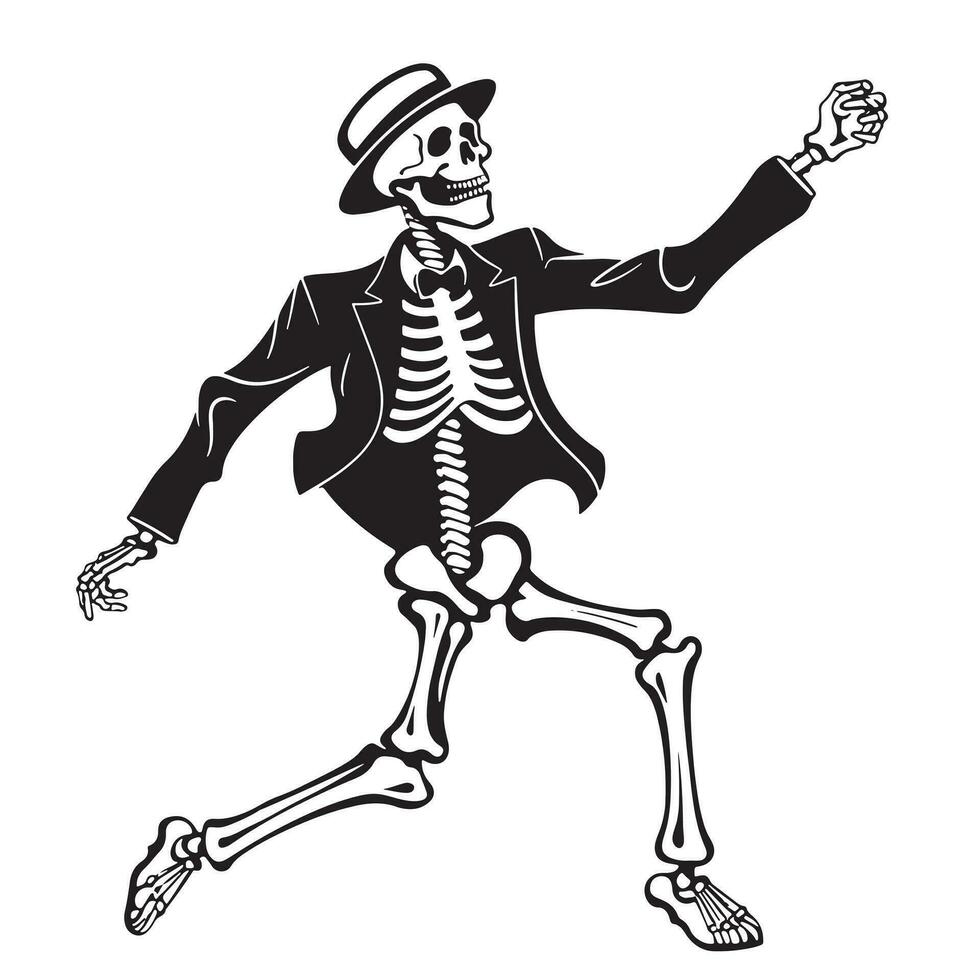 Skeleton in a suit and hat dancing sketch hand drawn Vector illustration