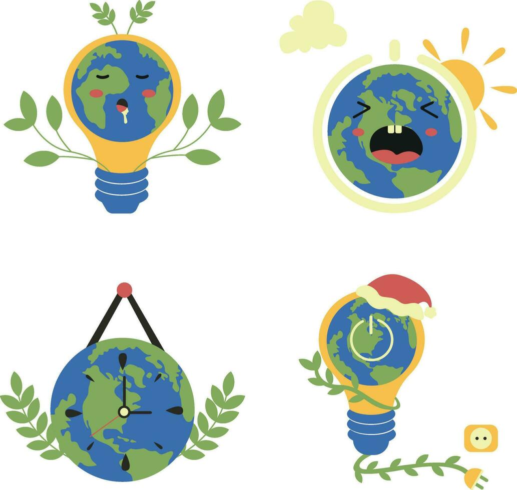 Earth Hour Illustration In White Background. Cartoon Design. Isolated Vector Set.