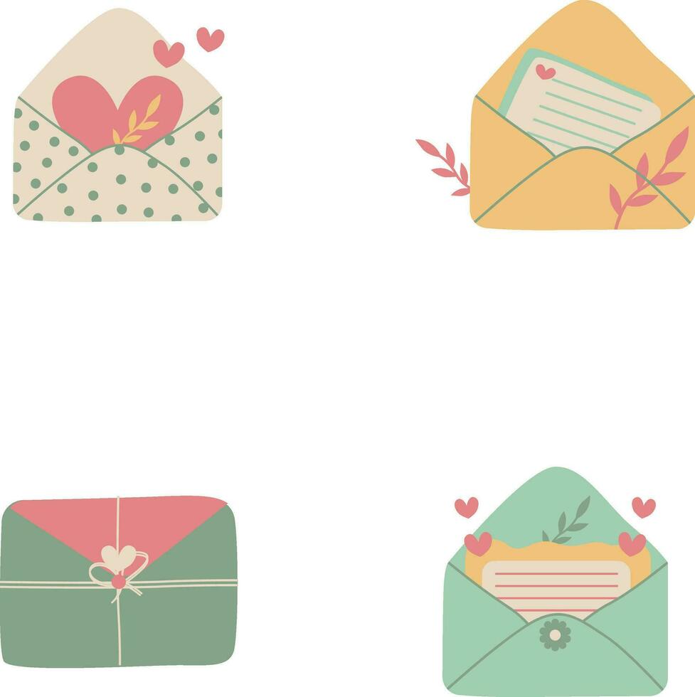 Cute Envelope Illustration With Heart, Flower and Leaf Elements. Vector Illustration Set.