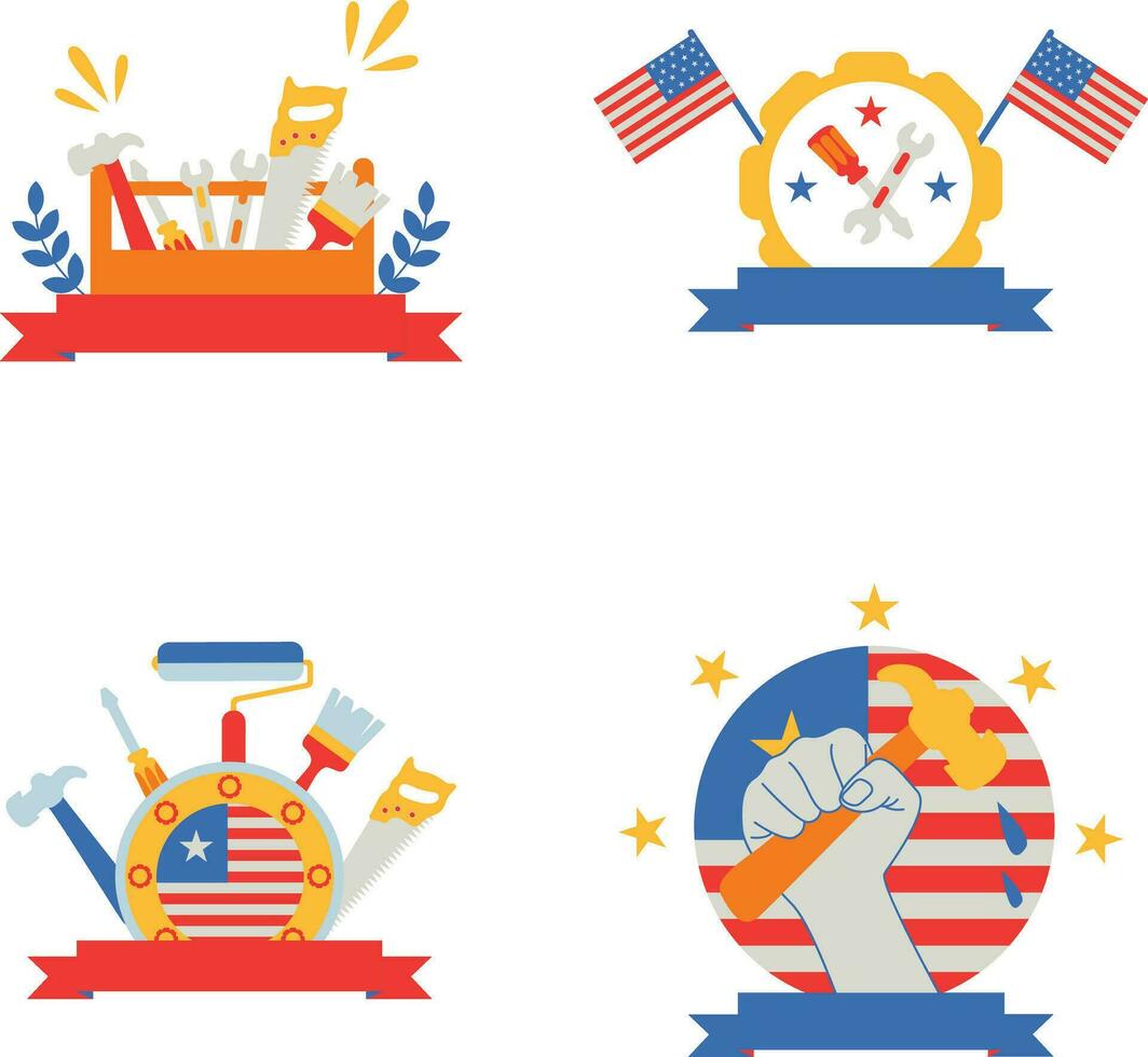 Collection of Happy Labor Day Symbols. Flat Cartoon Design. Vector Illustration.